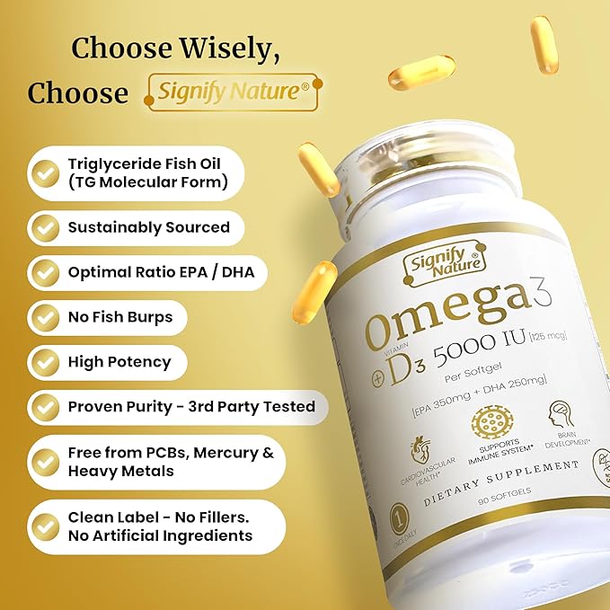 SIGNIFY NATURE Omega 3 Fish Oil Supplement with Vitamin D3 5000 IU - 1000mg Triglyceride Capsules for Brain Health - Omega3 EPA DHA + VIT D 3-90CT
