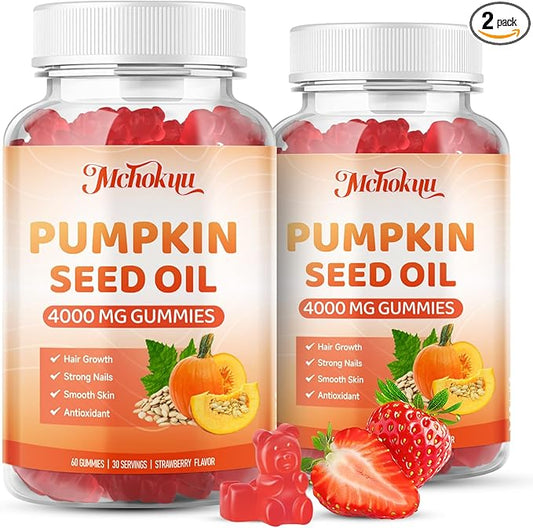 Pumpkin Seed Oil Supplement Gummies with Saw Palmetto for Hair Growth & Skin Health Support, High Pure Extract for Women & Men Extra Strength Pumpkin Seed, Strawberry Flavor, 120 Count