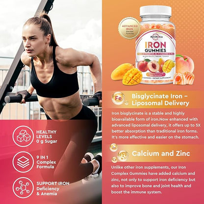 Iron Supplement Gummies for Adults & Kids - with Calcium, Zinc, Folate & Multivitamin - Blood Builder & Energy Support & Immune Health for Iron Deficiency, Anemia, Vegan -Peach & Mango Flavor,120ct