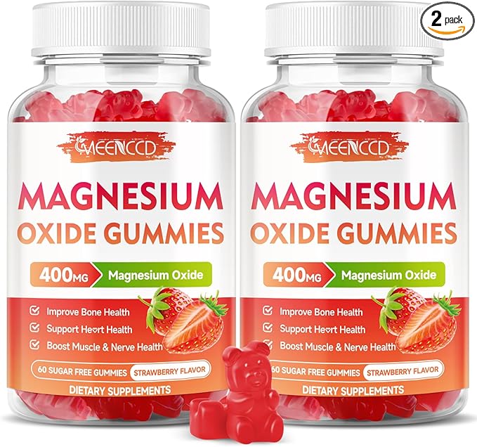 2 Pack Magnesium Oxide Gummies 400mg, Chewable Magnesium Oxide Supplement for Adults & Kids, Muscle Function Support, Non-GMO, Sugar-Free, Strawberry Flavor, 120 Count