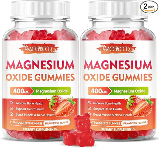 2 Pack Magnesium Oxide Gummies 400mg, Chewable Magnesium Oxide Supplement for Adults & Kids, Muscle Function Support, Non-GMO, Sugar-Free, Strawberry Flavor, 120 Count