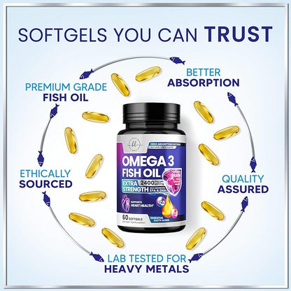 Omega 3 Fish Oil Supplements - 2400mg Fish Oil Per Serving - Triple Strength Omega-3 with EPA & DHA Fatty Acids - Natural Heart, Brain & Immune Support - Wild Caught, Bottled in USA - 60 Softgels