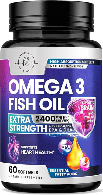 Omega 3 Fish Oil Supplements - 2400mg Fish Oil Per Serving - Triple Strength Omega-3 with EPA & DHA Fatty Acids - Natural Heart, Brain & Immune Support - Wild Caught, Bottled in USA - 60 Softgels
