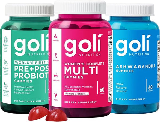 Goli Stress Less, Glow More, Digest Better Bundle - World's First 3-in-1 Pre, Post, Probiotic, Women's Complete Multi All 13 Essential Vitamins, Ashwagandha & Vitamin D Gummies, Vegan