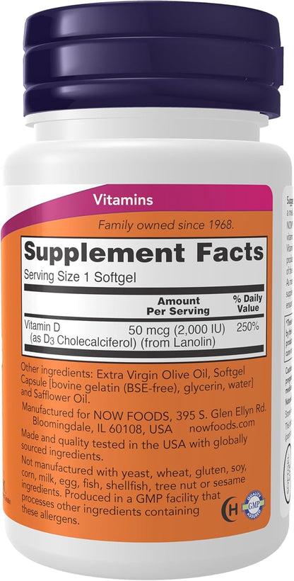 NOW Foods Supplements, Vitamin D-3 2,000 IU, High Potency, Structural Support*, 30 Softgels