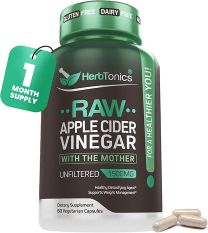 Herbtonics Raw Apple Cider Vinegar Capsules 1500mg with The Mother | Unfiltered ACV Pills for Bloating Relief, Digestion, Metabolism & Weight Support | 60 Vegan Capsules (1 Month Supply)