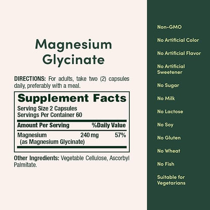 Nature’s Bounty High Absorption Magnesium Glycinate 240 mg for Supporting Muscle Relaxation and Bone, Heart & Nerve Health – Non-GMO, Gluten-Free, Vegetarian, 120 Count/60 Servings