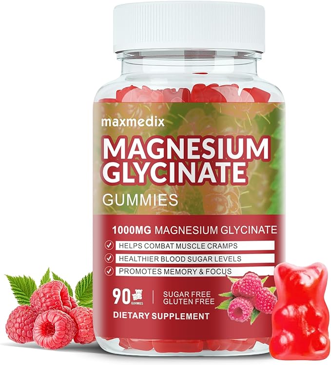 Magnesium Glycinate Gummies 1000mg, Sugar Free Magnesium Potassium Supplements Chewable for Adults with L-Threonate for Sleep, Body Support and Relaxation,90 Raspberry Gummies
