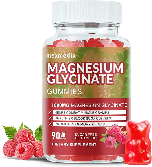Magnesium Glycinate Gummies 1000mg, Sugar Free Magnesium Potassium Supplements Chewable for Adults with L-Threonate for Sleep, Body Support and Relaxation,90 Raspberry Gummies