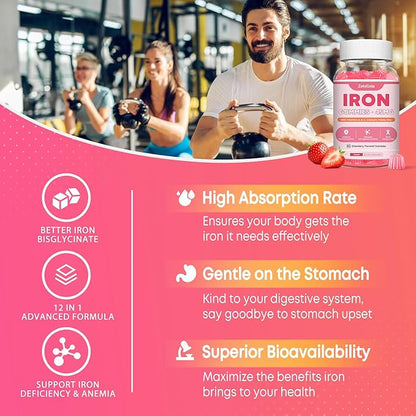 Vegan Iron Supplement Gummies for Women & Men, Anemia, Blood Builder & Energy Support for Iron Deficiency, with Vitamin C, A, B Complex, Folate, CoQ10, Sugar Free, Non-GMO, 60 Count