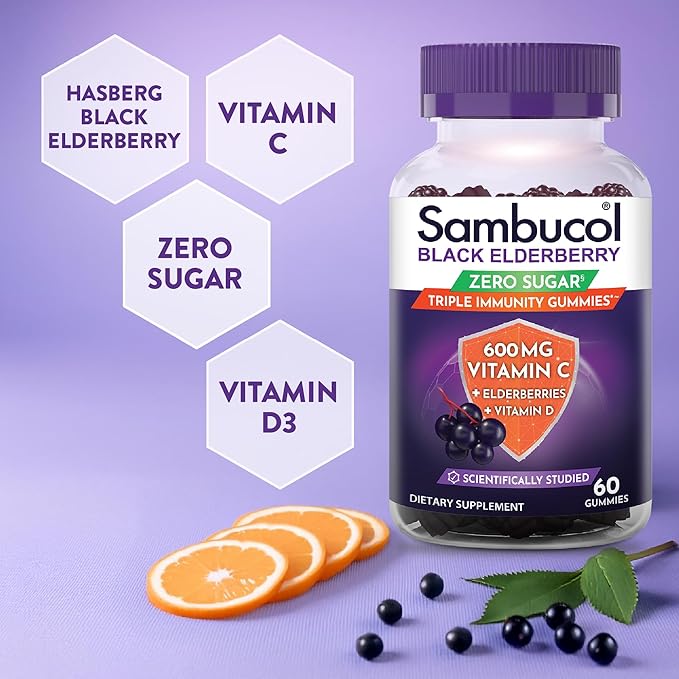 Sambucol Black Elderberry Zero Sugar Triple Immunity Gummies - Daily Vitamin C & Vitamin D, Sugar Free Black Elderberry Gummies for Adults and Kids, Chewable Berry Supplement - 60 Count