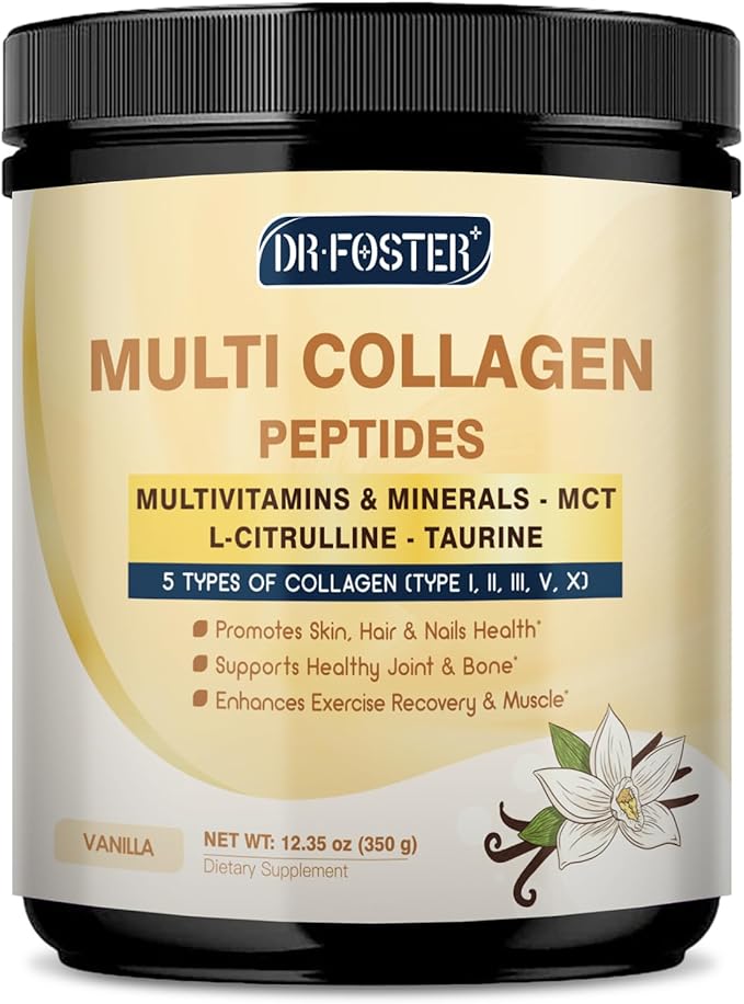 DRFOSTER Vanilla Collagen Peptides Powder for Women & Men, Multi Type I II III V X Collagen with multivitamins & Minerals for Skin, Hair & Nails & Joints, Non-GMO, 35 Servings