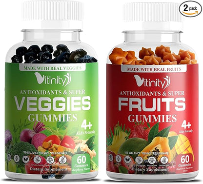 VITINITY Fruit and Veggies Supplement Gummies – Greens Gummies with Real Fruits & Vegetables – Vegan Fruit Gummies & Super Greens Gummies for Adults & Kids, 60 Count (30 Day Supply)