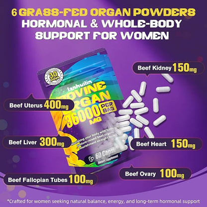 Beef Organ Supplement for Women - 100% Grass Fed Beef Organs with Bovine Liver, Ovary, Uterus, Kidney, Heart & Fallopian Tubes - PMS, Menopause & Energy, Immune & Mood Support, 60 Count
