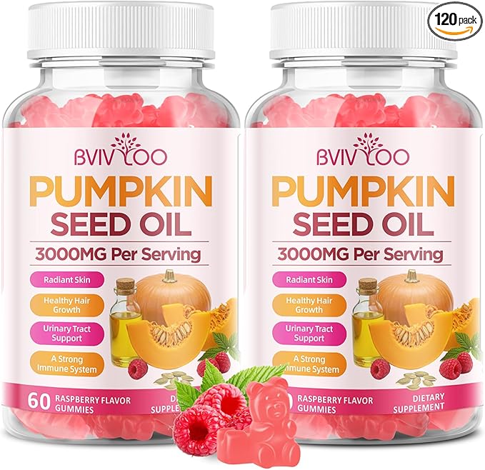 Pumpkin Seed Oil Gummies with Saw Palmetto, Organic Pumpkin Seed Oil Supplement, High-Purity Extract for Hair Growth, Skin Health, & Immune Support, Raspberry Flavor, 120 Count