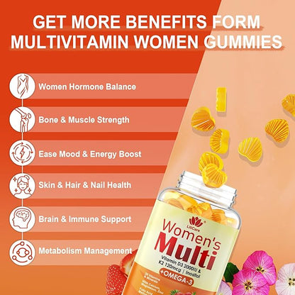 Womens Multivitamin Gummy with Omega 3（DHA/EPA), Vitamin D3 K2, Calcium, Inositol, Daily Womens Vitamin A C E B Complex, L-MethylFolate, Methyl B12,Sugar Free Methylated Multivitamins Minerals, 120Cts