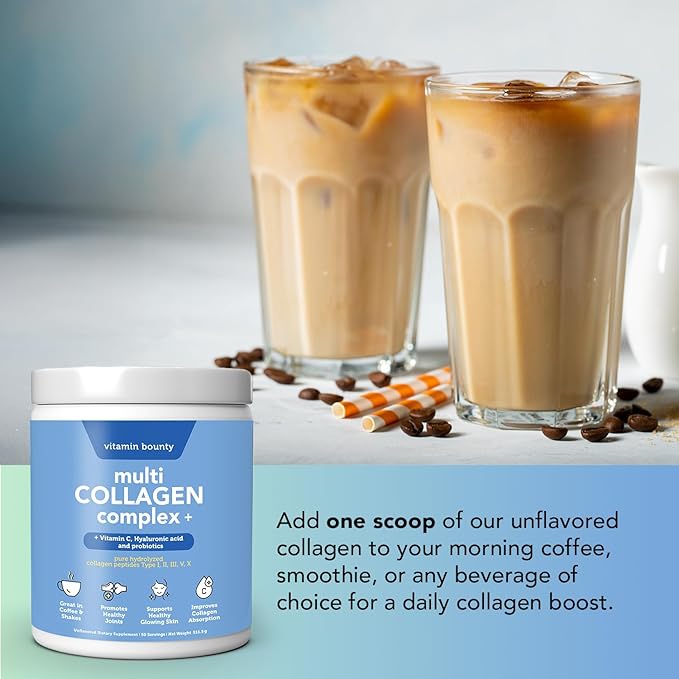 Vitamin Bounty Multi Collagen Peptides Powder for Men & Women (Complex Plus) - 5 Types Hydrolyzed Collagen Protein - Probiotics, Vitamin C & Hyaluronic Acid - Grass Fed Bovine Supplements, 50 Servings