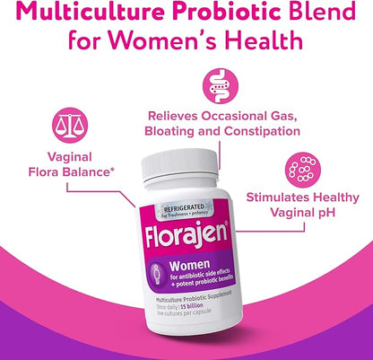 Florajen Women’s Vaginal Probiotic - Gut Health, Vaginal pH Balance, & Constipation Relief - Multi-Strain Formula with Lactobacillus - Refrigerated for Potency - 60 Capsules