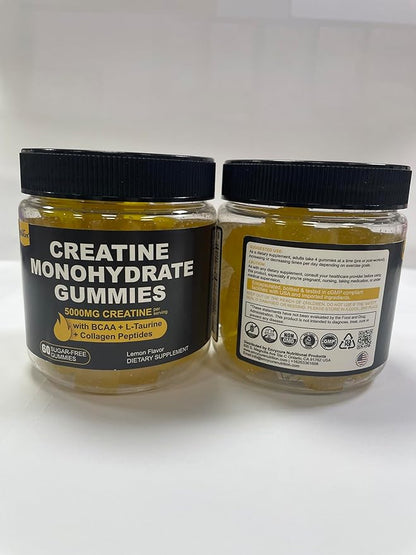 Creatine Monohydrate Gummies for Men & Women - with BCAA, Collagen Peptides, L-Taurine, Vitamin B12, D3, Chewables Creatine Monohydrate 5g Per Serving, Natural Lemon Flavor, Sugar Free, 2 Pack