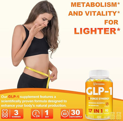 GLP-1 Supplement for Women, 5X GLP-1 Blends with Akkermansia Probiotic & Berberine, 17-in-1 High Efficiency GLP-1 Probiotic Gummies , for Energy, Digestion & Gut, Yuzu Flavor, Sugar Free - 90 Gummies