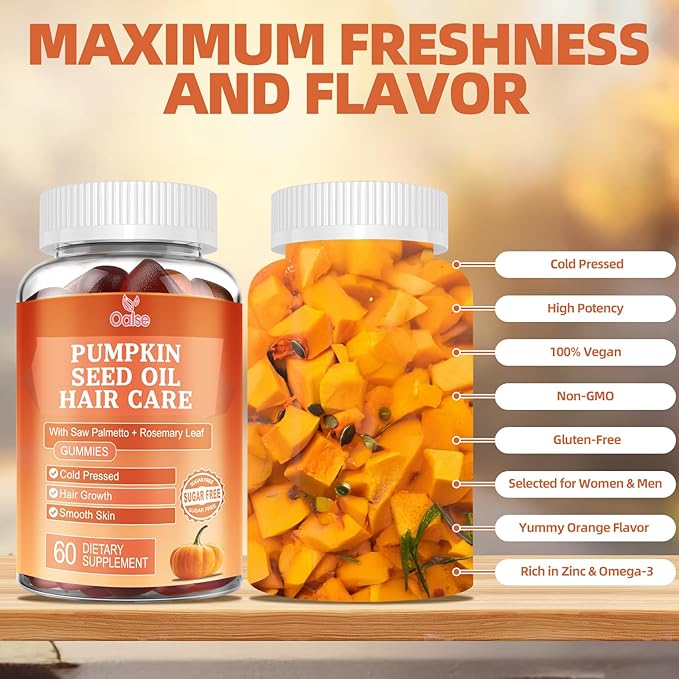 Pumpkin Seed Oil with Saw Palmetto Gummies, 3500mg Per Serving, Cold Pressed, with Rosemary Leaf, Zinc, Hydrolyzed Collagen Peptides, Pumpkin Seed Oil for Hair Growth, Vegan, 60 Counts