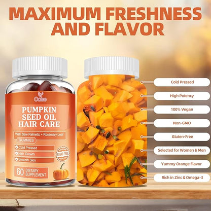 Pumpkin Seed Oil with Saw Palmetto Gummies, 3500mg Per Serving, Cold Pressed, with Rosemary Leaf, Zinc, Hydrolyzed Collagen Peptides, Pumpkin Seed Oil for Hair Growth, Vegan, 60 Counts