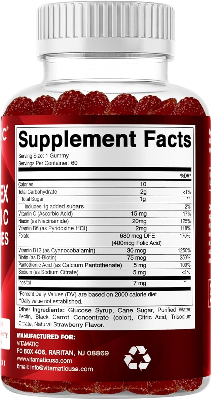 Vitamatic Vitamin B Complex Gummies with Vitamin C & Inositol - Natural Strawberry Flavor - 60 Gummies (2 Bottles)