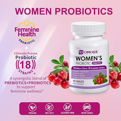 OMOGS Women's Probiotic, with Cranberry Extract, Organic Prebiotics & Vitamin C, 90 Billion CFUs,18 Strains, Help for Boost Immune, Digestive, Gut Health & Women's Health, Gluten & Soy Free,90 Tablets