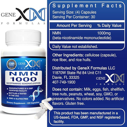 Genex Formulas NMN 1000mg - 99% Pure Shelf Stabilized Supplement Capsules for Increased NAD Levels & Healthy Aging, GMP Certified, 1000mg per Serving, 120 Capsules