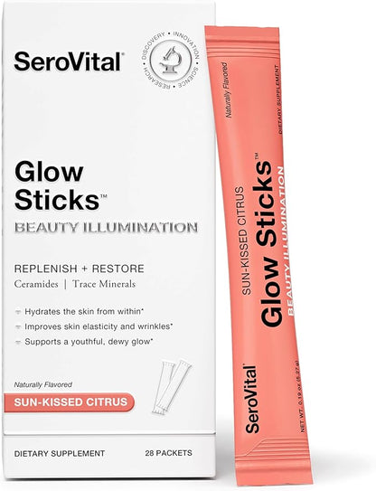 Serovital Glow Sticks Sugar-Free Powder Drink Mix with Hyaluronic Acid Ceramides Electrolytes for Skin Hydration in 14 Days Sun-Kissed Citrus Flavor 28 Packets