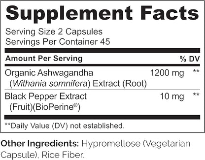 NATURELO Ashwagandha Organic Root Powder - Natural Herbs Supplement for Fatigue, Stress Relief, Mood Enhancer - with Black Pepper Extract - 90 Vegan Capsules