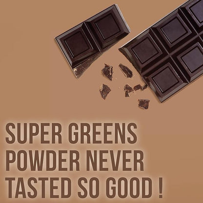 Country Farms Super Greens Chocolate Flavor, 50 Organic Super Foods, USDA Organic Drink Mix (Wheat Grass, Spirulina, Chlorella) Mushrooms & Probiotics, with Fiber, Natural Energy, 30 Servings
