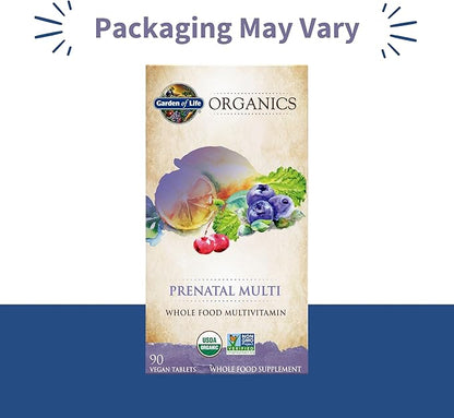 Garden of Life Organics Prenatal Multivitamin with Folate, B6, B12, D3 & Iron – Prenatal Vitamins for Women with Energy Metabolism Support for Healthy Fetal Development, Non-GMO, Vegan, 30 Servings