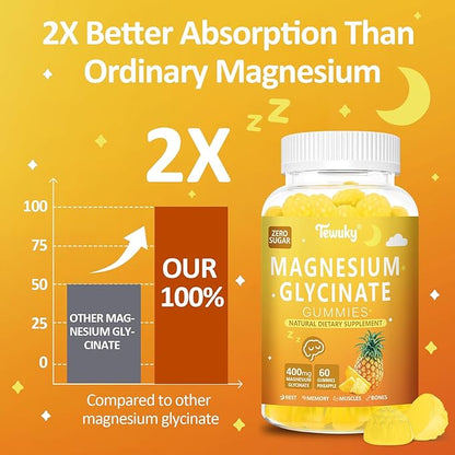 Magnesium Glycinate Gummies 400mg - Sugar Free Vegan Gummies for Adults & Kids with Vitamin D3, B6, C, CoQ10, Collagen, Zinc - Sleep, Muscle, Bone & Memory Support - 60 Pineapple Chewables