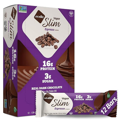 NuGo Slim Dark Chocolate Espresso, 16g Vegan Protein, 3g Sugar, 7g Fiber, Low Net Carb, Keto Friendly, Gluten Free, 12 Count