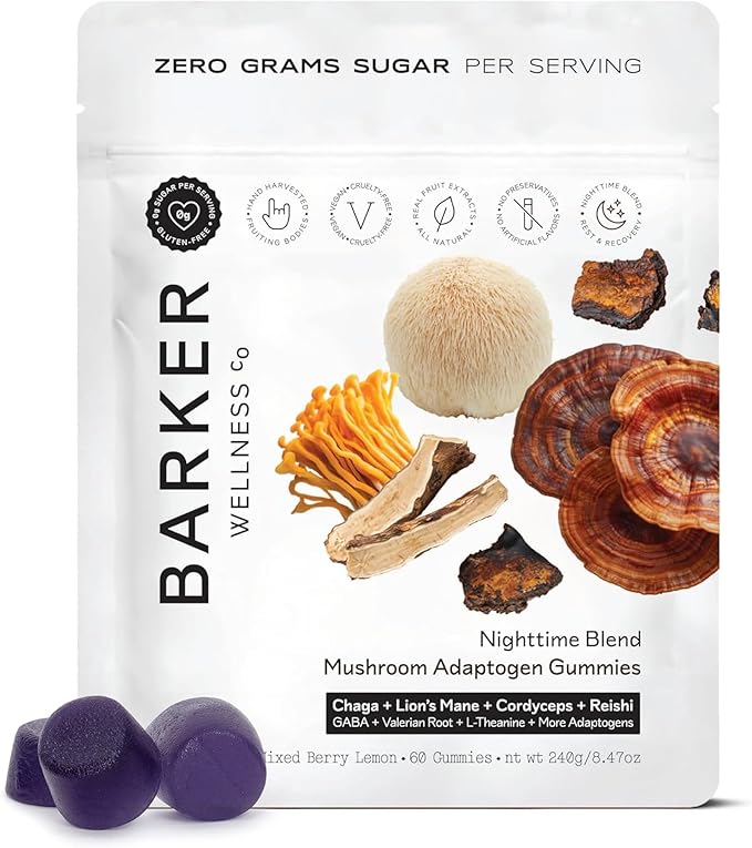 Barker Wellness Nighttime Vegan Sugar-Free Adaptogen Mushroom Gummies – Reishi, Lion's Mane, Chaga, Cordyceps for Calm, Rest & Recovery – Non-GMO Sleep Support & Relaxation Supplement, 60 Count