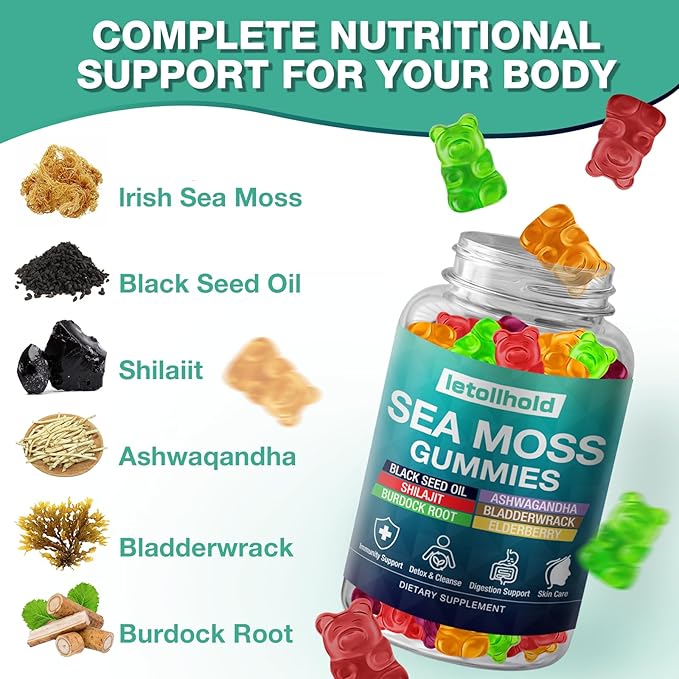 Sea Moss Gummies - Irish Sea Moss Gummies Advanced for Adults with Ashwagandha Bladderwrack & Burdock Root for Supports Immune，Energy - 60 Vegan Gummy,5PCS