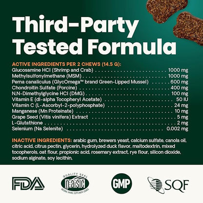 VetriScience Ultimate Strength Healthy Hip & Joint Chews, GlycoFlex Glucosamine, Chondroitin and Green-Lipped Mussel Joint Support Supplement for Dogs, Soothe Joint Discomfort, Duck, 60 Count