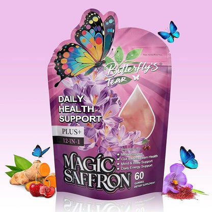 BUTTERFLY'S TEAR Saffron Gummies | 12-in-1 Daily Health Support | Mixed Berry Flavor | Mood, Gut & Metabolism, Mind & Body, Energy Support | 60 Gummies Dietary Supplement
