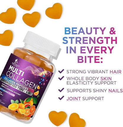 Collagen Peptides Gummies with 2500mcg Biotin Per Serving - Hair Growth, Skin & Nails Supplement - Hydrolyzed Collagen Multi Type I & III, Vitamin C for Immune Support, Orange Flavor, 60 Gummies