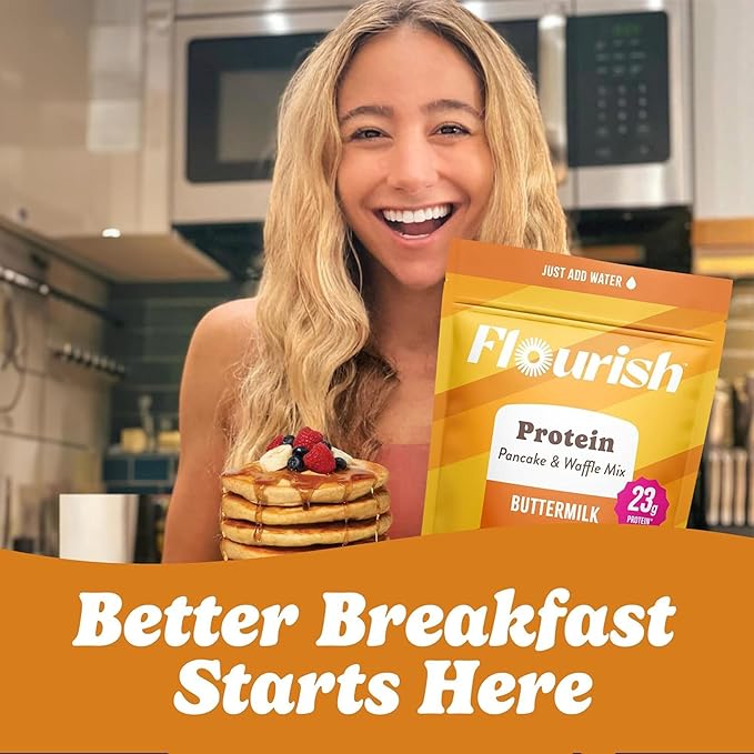 Flourish Protein Pancake & Waffle Mix, with Whey Protein & Flax Seed, No Added Sugar, High in Protein & Fiber - Just Add Water - Buttermilk Flavour, 16 oz (2 Pack)