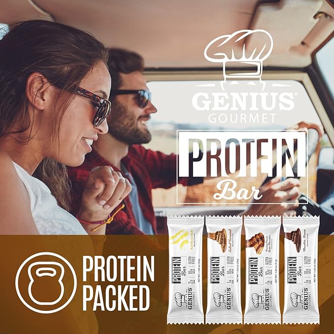 Genius Gourmet Protein Bar, Salted Caramel Keto Snack, Low Carb, Low Sugar & Gluten Free, Protein Snacks for Adults, 10G of Whey Protein per Protein Bar, 5 Net Carbs, 10 Count