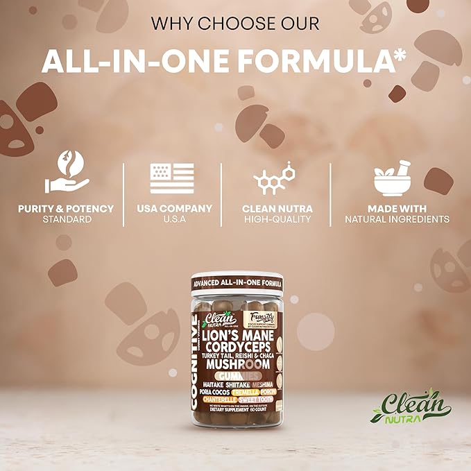 Clean Nutra Lions Mane Mushroom Gummies Cordyceps Supplement for Memory and Focus Immune Support Vitamins Reishi Chaga Turkey Tail Mushrooms Gummy Shiitake Maitake Meshima Supplements