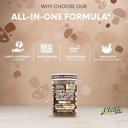Clean Nutra Lions Mane Mushroom Gummies Cordyceps Supplement for Memory and Focus Immune Support Vitamins Reishi Chaga Turkey Tail Mushrooms Gummy Shiitake Maitake Meshima Supplements