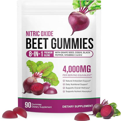 Super Beet Root Gummies, Beet root capsules for Blood Pressure, Heart Health, 8 in 1 Beetroot 4,000mg with Grape Seed Extract & CoQ10, 90 Count, Healthy Energy Supplement with Elite Ingredients