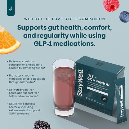 GLP-1 Constipation Support | Digestive, Gut Discomfort GLP Symptom Relief | Akkermansia, Probiotic, Prebiotic Microbiome Support for Digestive Balance, Regularity & Bloating Relief - Berry Citrus 15ct