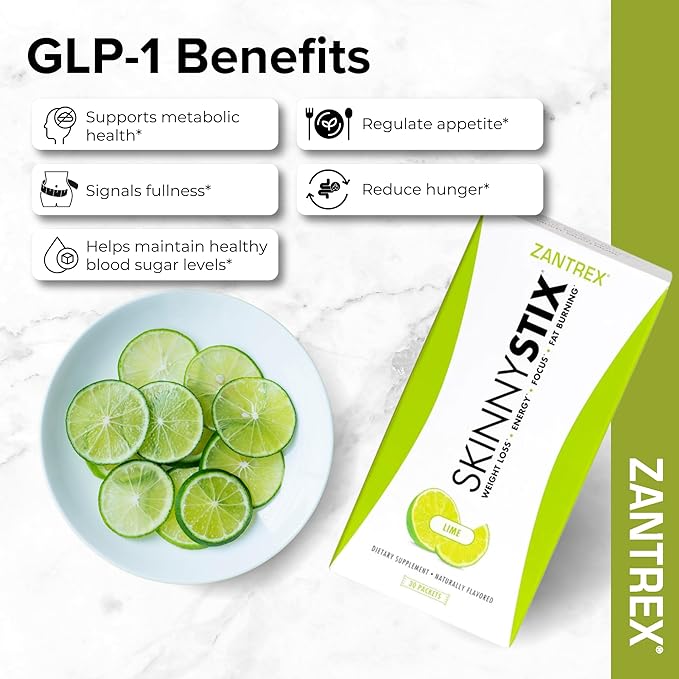 Zantrex SkinnyStix Electric Lime GLP-1 Support Drink Mix, Energy & Metabolic Support Powder, Appetite Control, 30 Single-Serving Packets