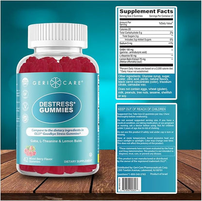 GeriCare DeStress Gummies with GABA, L-Theanine & Lemon Balm, Berry Flavor, 42 Count, Supports Relaxation & Mental Clarity, Non-GMO, Gluten-Free, Vegan (2 Pack)