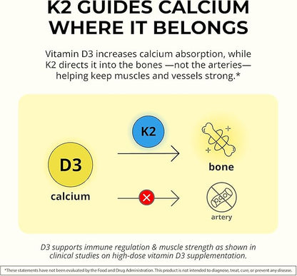 Vitamin D3 K2 3000 IU - with Vitamin K as MK-7 from Natto - High Potency Vitamin D Supplement Support Healthy Bones, Teeth, Heart & Immune Function, Gluten-Free - 90 Capsules