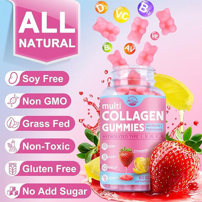 Multi Collagen Peptides Gummies, Type I, II, III, V, X - Hydrolyzed Collagen Peptides with Biotin, Hyaluronic Acid, Supports Healthy Skin, Strong Nails & Thick Hair, 60 Count, 1 Pack